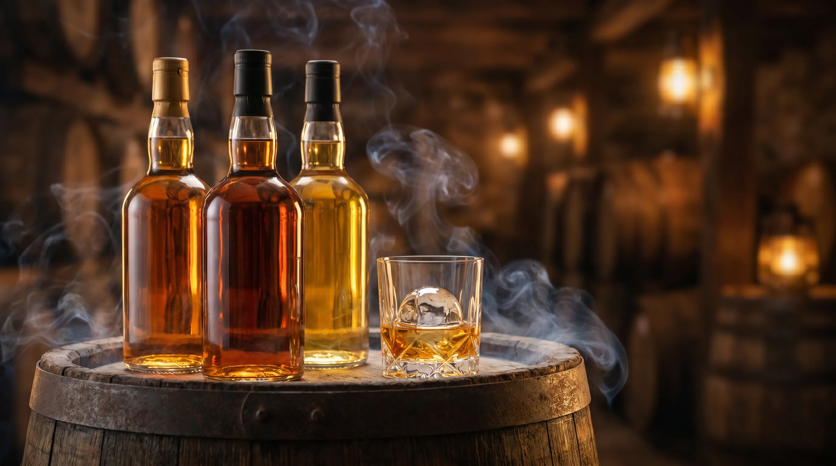 Harry Lee Whisky 橡木桶上三支不同單一麥芽威士忌與威士忌酒杯陳列