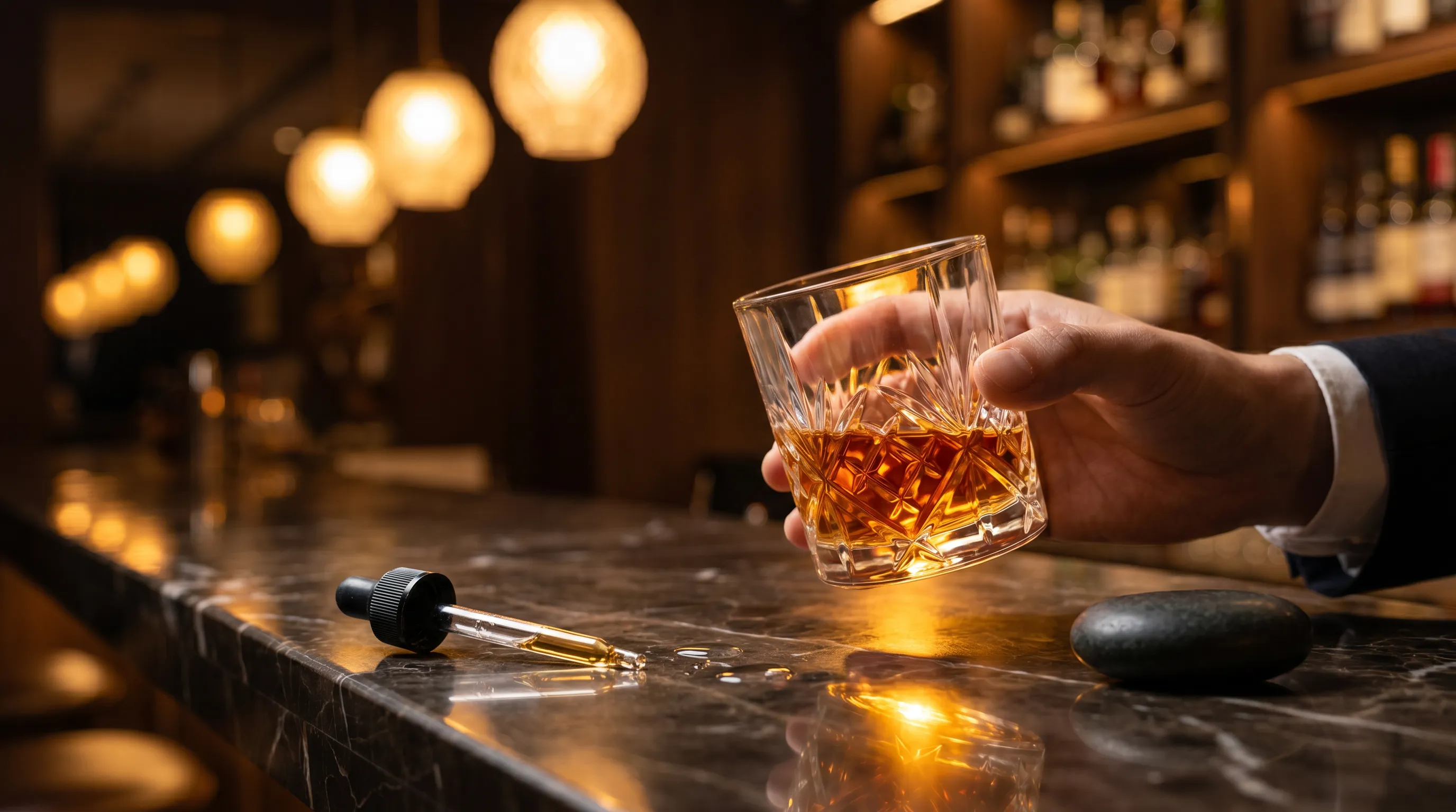 手持盛載琥珀色威士忌的水晶酒杯於 Harry Lee Whisky 品酒吧檯品飲特寫